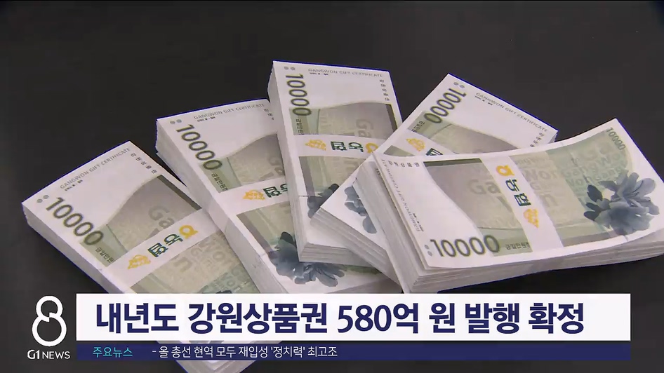 내년도 강원상품권 580억 원 발행 확정