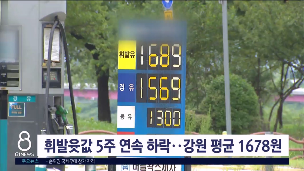 휘발윳값 5주 연속 하락..강원 평균 1678원
