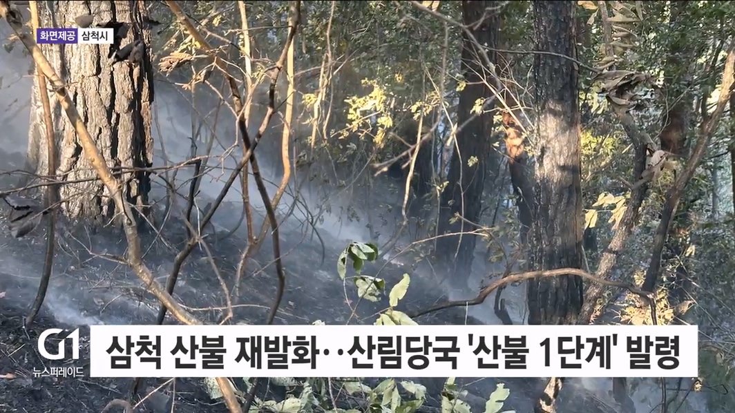 삼척 산불 재발화..산림당국 '산불1단계' 발령